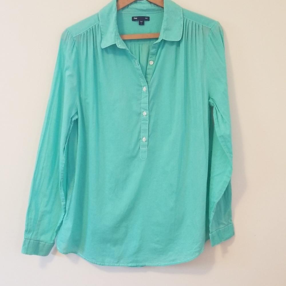 Gap blue/green cotton long sleeve half button top